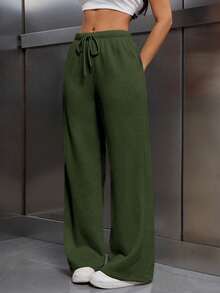 EMERY ROSE 女式松紧腰抽绳保暖内衬宽松裤 - 軍綠色 - 查看 4