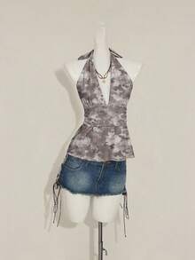 SHEIN ICON Halter Deep V-Neck Cinched Waist A-Line Backless Vintage Camo Tie-Dye Print Chic Y2K Camisole