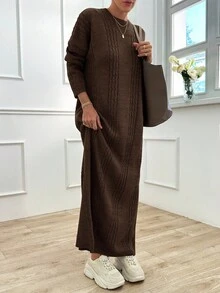 EURMUSE Abito a maglia a costine tinta unita da donna, stile casual e minimalista per l'autunno/inverno - Castano - Visualizzare 5