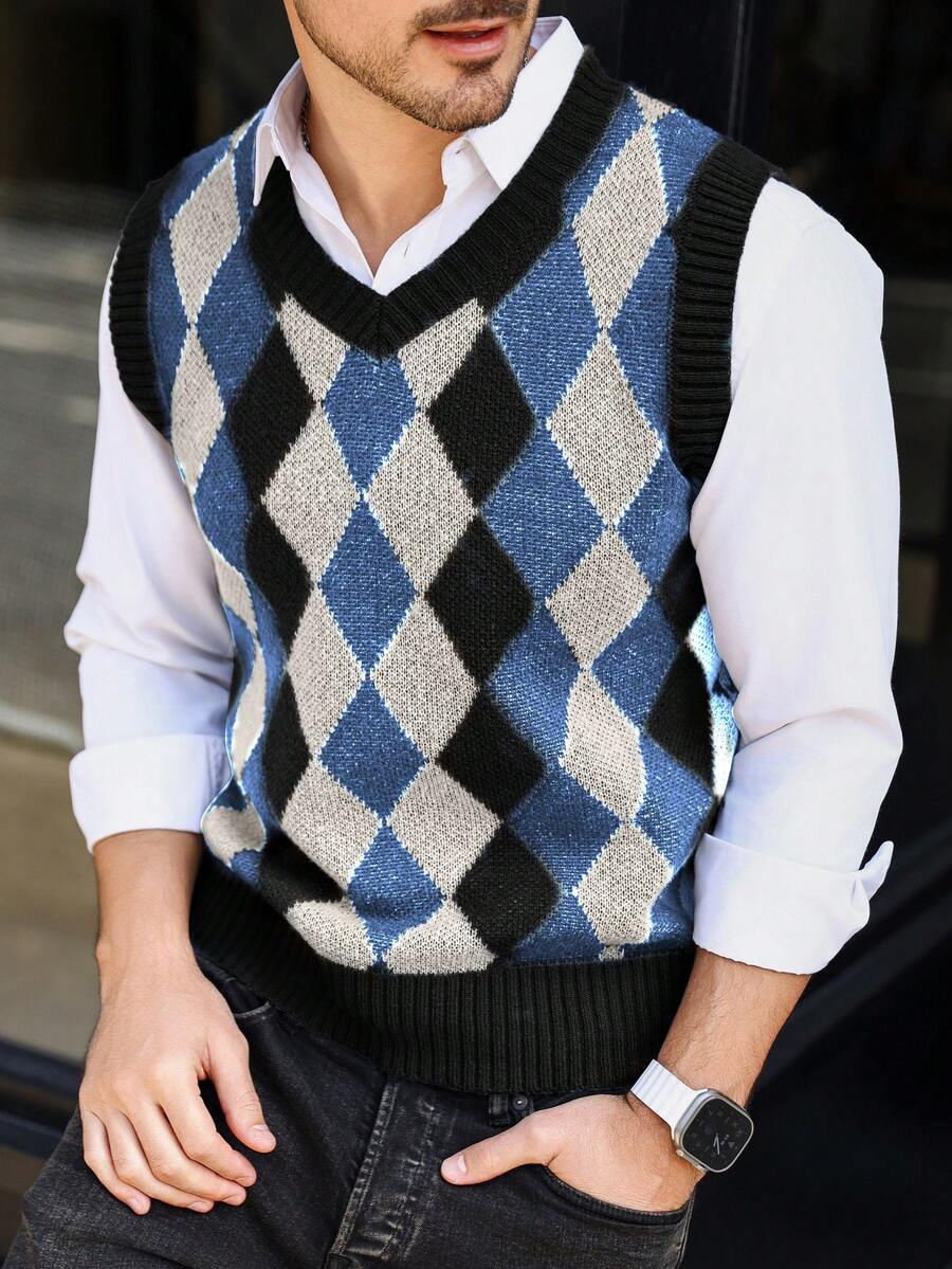 Manfinity Mode 男士时尚休闲菱格纹针织背心，秋冬款 - 彩色 - 查看 1