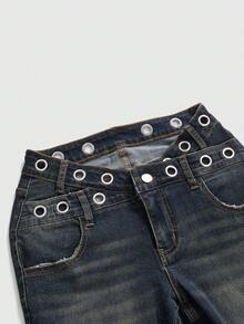 ROMWE Grunge Punk Y2K Retro Millennium Sexy Stern Tasche Nieten Taille Design Slim Fit Schlaghose Frauen Niedrige Taille Jeans - Blau - Übersicht 3