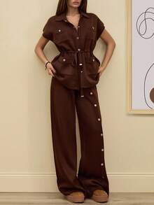 SHEIN Tall 2 Pcs Button Detail Sweater Pant+ Belted Sweater - Brown - View 6
