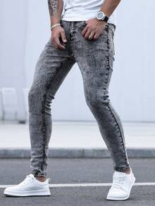 Manfinity Homme 男士修身水洗牛仔裤，纯色修身深色牛仔裤，长款浅灰色酸洗工装牛仔裤，送给老公、男朋友的礼物，男士紧身牛仔裤，修身男士牛仔裤，通勤、都市街头、工作、健身，emo 风格 - 灰色 - 查看 4