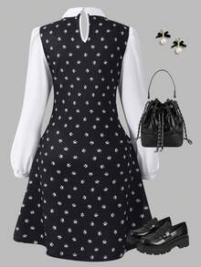 SHEIN Explorewe Streecool Teen Girl Casual College Style Teen Girl Solid Color Patchwork Long Sleeve Short Casual Dress - Black - View 2