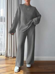 EURMUSE Women Button Detailed Sweater And Pant Set - Dark Grey - View 4