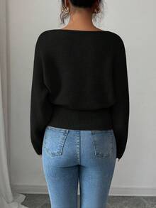 Elenzga Damen neue Herbst/Winter Einteiler Design Fledermausärmel hochwertig geknöpfter minimalistischer Alltagspullover mit Langarm