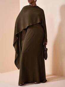 Zivah 2025 女式西部游牧风、生日派对风格、百搭休闲日常穿着、休闲度假、邮轮旅行斗篷不对称下摆宽松上衣和连衣裙套装 - 軍綠色 - 查看 5