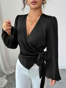 Elenzga 女式纯色灯笼袖裹身领带优雅衬衫，秋季 - 黑色 - 查看 4