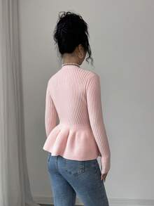 Elenzga V-Neck Slimming Patchwork Floral Hem Asymmetric Button Women Cardigan - Pink - View 2
