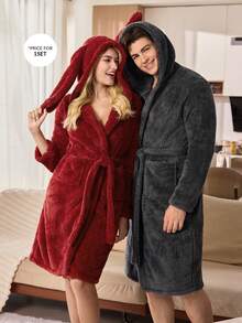 CoupledUp Men's Cozy Loose Fit Dark Grey Hooded Bathrobe With Tie Waist, Fluffy, Winter - Dark Grey - View 4