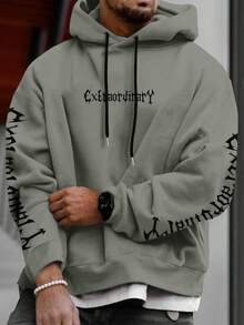 SHEIN Cottnline Men's Gothic English Print Hooded Sweatshirt, Street Style - Army Green - View 6