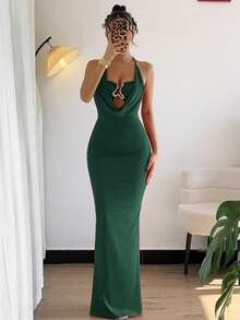 Rafferiza 女士优雅露肩露背金属花朵性感镂空紧身长裙，红色，约会、情人节、派对 - 綠色 - 查看 5