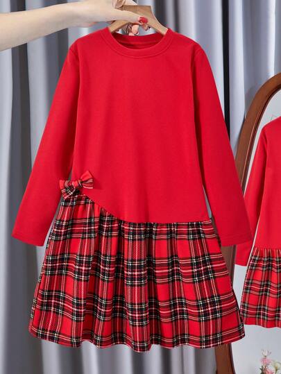 Sparklyn 女童数码印花格子拼布蝴蝶结装饰长袖连衣裙，适合节日、郊游、上学和街头风格