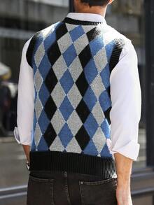 Manfinity Mode 男士时尚休闲菱格纹针织背心，秋冬款 - 彩色 - 查看 2