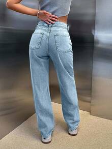CasuGlow 100% Cotton HIGH RISE ASYMMETRIC BELT STRAIGHT CUT JEAN - Baby Blue - View 2