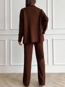 EURMUSE Women's Half-Turtleneck, Drop Shoulder, Ribbed Sweater And Sweater Pants Two-Piece Set - Brown - View 2
