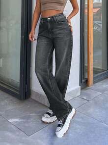 EURMUSE 100% Cotton HIGH RISE STRAIGHT CUT Y2K STYLE JEAN - Light Grey - View 6