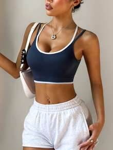 Dewbera 女式撞色设计工字背心瑜伽运动背心，优雅线条，适合健身、户外、健身房 - 彩色 - 查看 5