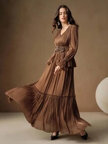 Anewsta 女式花卉装饰长款褶皱连衣裙，优雅礼服 - 咖啡棕 - 查看 6