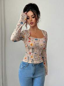 Elenzga 女士优雅 U 领花卉印花褶皱腰长袖 T 恤上衣，适合女性日常生活、派对、通勤、秋冬季 - 棕色 - 查看 4