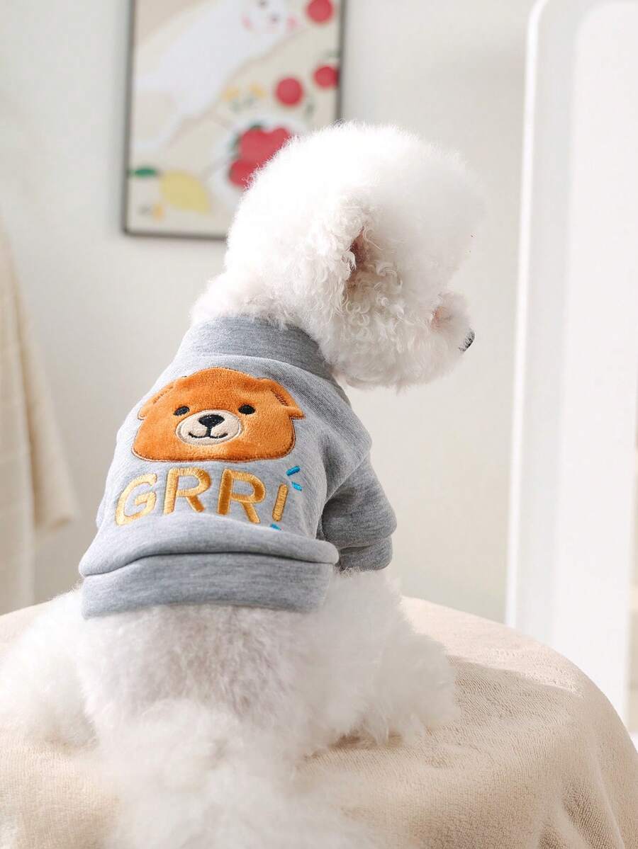 PETSIN 1pc Pet Clothing, Cute Embroidered Cartoon Bear Pattern Gray Cardigan Jacket, Warm And Comfortable For Dogs To Wear In Autumn And Winter - Grizzly Bear - View 1