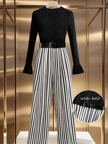 GlowEve 女式优雅喇叭袖针织连体裤，条纹拼接，立领，修腰，秋冬 - 黑色 - 查看 1