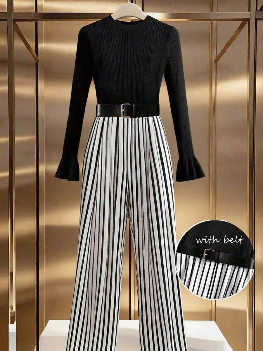 GlowEve 女式优雅喇叭袖针织连体裤，条纹拼接，立领，修腰，秋冬 - 黑色 - 查看 1