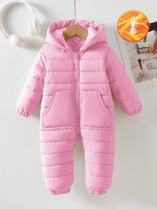 SHEIN Baby Mädchen Lässiger, süßer Kapuzen-Reißverschluss-Jumpsuit mit Fleecefutter, Winter