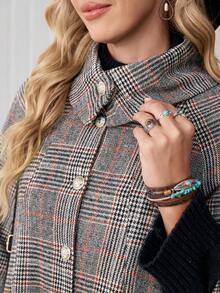 LanaWest Women's Gray Traceable Plaid Fabric High Collar Lapel Metal Button Design Loose Hem 3/4 Sleeve Elegant Classy Thanksgiving Halloween Streetwear Casual Boho Autumn/Winter New Fashion Versatile Loose Woolen Jacket - Orange - View 6