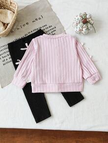 SHEIN Baby Girl Infant Toddler Newborn 0-3 Years Old Autumn/Winter Fashion Knitted Fuzzy Ribbed Bow Cardigan Jacket + Leggings Pants 2-Piece Outfit Set - Pink - View 4