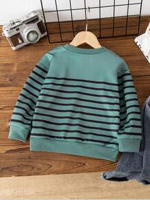 Young Boy Casual Striped Round Neck Drop Shoulder Sweatshirt, Autumn - Mint Green - View 2