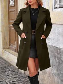 EMERY ROSE Áo khoác nữ dài vừa phải, màu trơn, ve khoét, cài hai hàng khuy, chống gió mùa đông - Màu xanh lá cây đậm - Xem 3