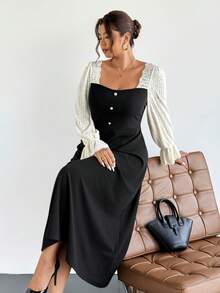 Firerie 大码优雅蕾丝珍珠纽扣装饰休闲连衣裙，适合工作、办公室、通勤、春秋冬 - 黑色 - 查看 8