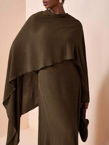 Zivah 2025 女式西部游牧风、生日派对风格、百搭休闲日常穿着、休闲度假、邮轮旅行斗篷不对称下摆宽松上衣和连衣裙套装 - 軍綠色 - 查看 6