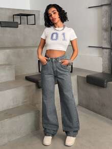 EURMUSE HIGH WAIST CASUAL STYLE DENIM STRAIGHT - Grey - View 4