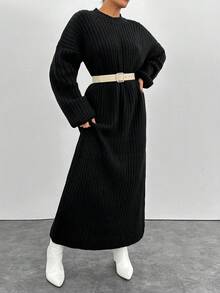 EURMUSE 女士纯色圆领罗纹针织休闲长袖毛衣连衣裙 - 黑色 - 查看 5