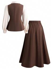 SHEIN Clasi Ensemble 2 pièces grande taille pour femmes : Top élégant de navettage à manches longues 2 en 1 et jupe trapèze assortie avec grands boutons décoratifs, convient pour le printemps, l'été, l'automne et l'hiver