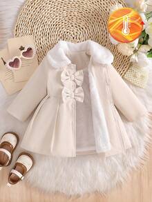 SHEIN Płaszcz typu trencz dla dziewczynek z kołnierzem ze sztucznego futra i kokardą, jesień/zima - Beżowy - Zobacz 4