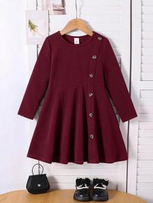 Emery Rose Kids Emery Rose Kids 少女及年轻女孩优雅休闲圆领套头开衩中长连衣裙，适合上学、日常休闲穿着，秋冬季女童连衣裙，带纽扣长袖，酒红色，适合少女及年轻女孩，秋季连衣裙，少女秋季连衣裙 - 酒紅色 - 查看 13