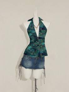 SHEIN ICON Women's Casual Sexy Deep V-Neck Ruched Waist Backless Babydoll Tank Top, Suitable For Y2K, Paisley Print Teal