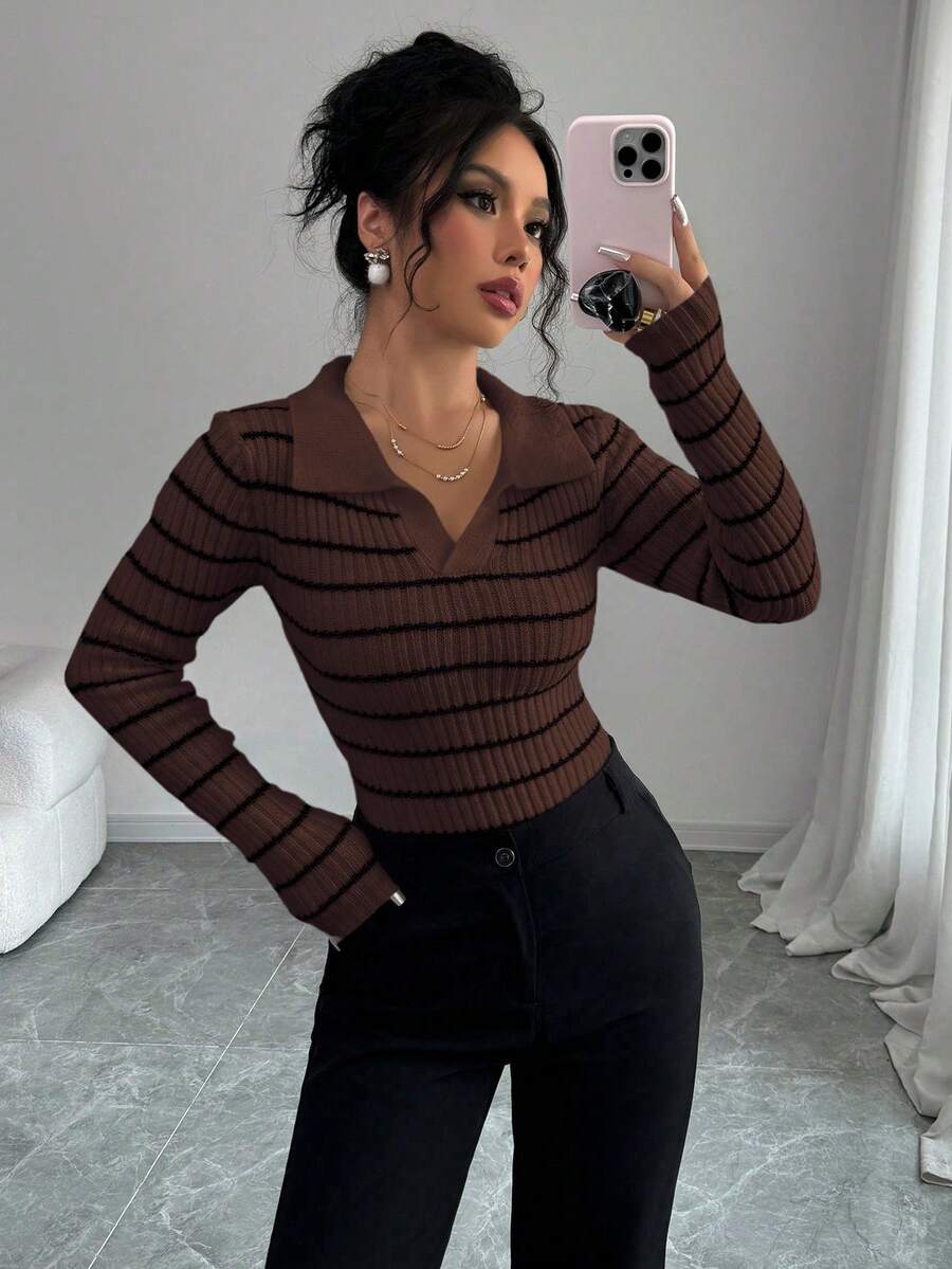 Elenzga 女式时尚休闲条纹修身套头衫 - 咖啡棕 - 查看 1