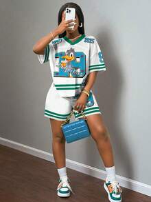 Slaydiva Tuta casual semplice in jersey, 2 pezzi da donna, con stampa con il numero 19 e anatra per la primavera/estate 2025 - Multicolore - Visualizzare 2