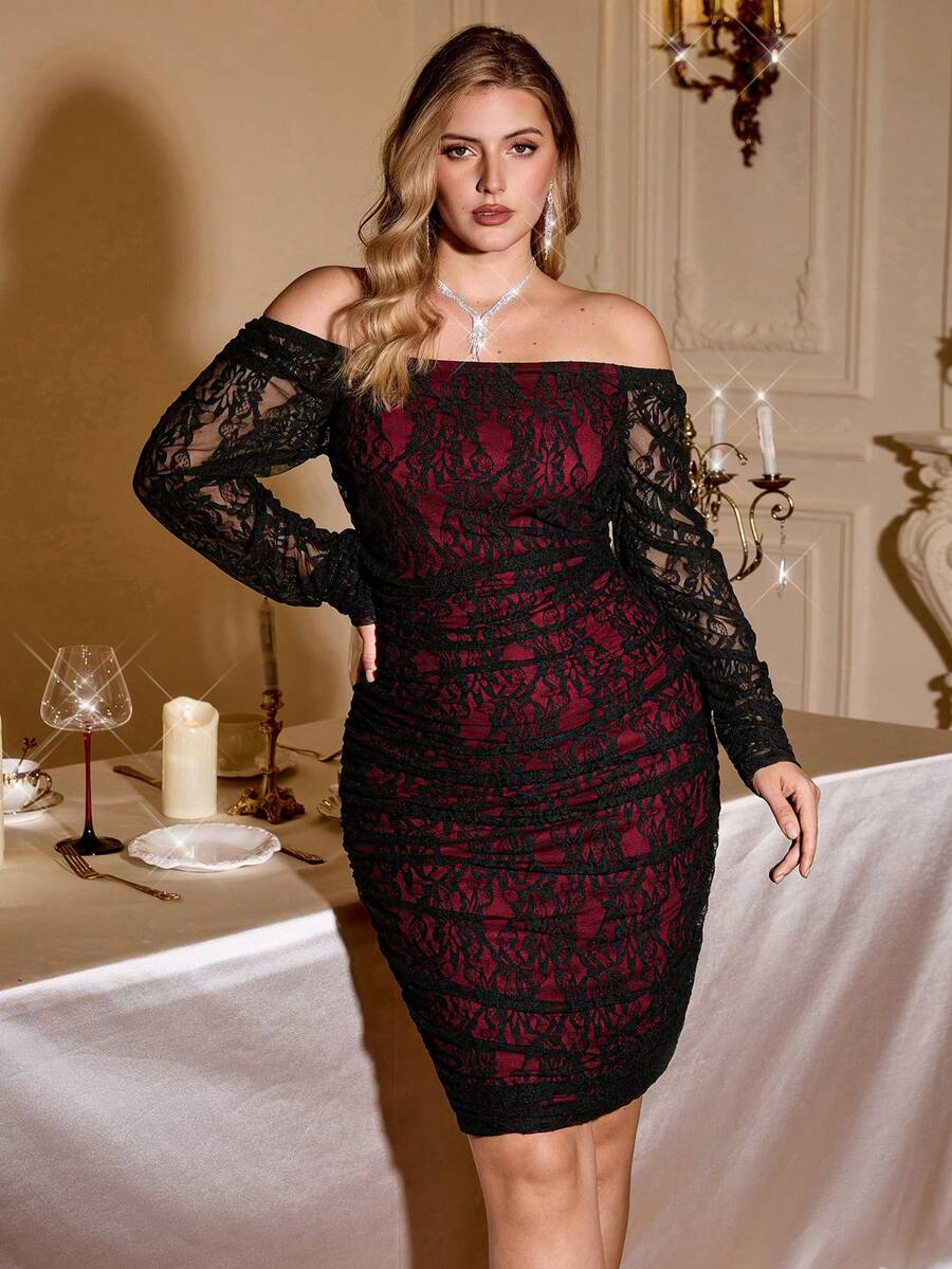Auralis Plus Size Women Elegant Burgundy Autumn Off Shoulder Lace Mesh Dress, Bodycon Dinner Party Dresses For Christmas,Thanksgiving & New Year Holiday - Black - View 1