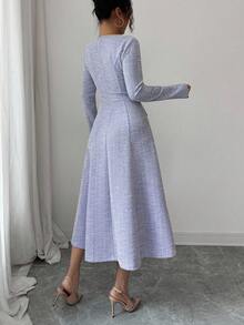 Elenzga 女式蓝绿色纹理面料 V 领荷叶边领 A 字中长连衣裙，腰部收紧，金属珍珠纽扣装饰，优雅美观，适合教师装、约会、生日、感恩节、万圣节、秋冬 - 紫色 - 查看 2