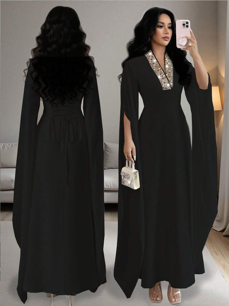 Rafferiza Đầm Maxi dài tay xẻ tà cổ chữ V thêu họa tiết trơn màu thanh lịch, trang nhã dành cho nữ, thích hợp mặc dự tiệc, mặc hàng ngày, đơn giản - màu đen - Xem 1