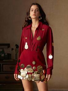 Anewsta Handmade Silver Sequin Embellished Versatile Chiffon Shirt, Spring - Burgundy - View 3