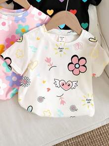 SHEIN Leap Crew 3 件套 Tween 女童休闲花卉、心形和波尔卡圆点印花短袖圆领 T 恤，适合夏季 - 彩色 - 查看 3