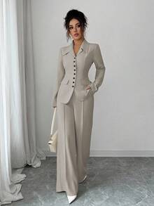 Elenzga Women's Apricot Thick Fabric V-Neck Blazer Design Black Contrast Button Fake Pocket Teacher Uniform Elegant Professional Outfit, Thanksgiving Halloween Atmosphere, Autumn New Arrival Fashion Essential High-End Dignified Long Sleeve Waist Cinched Loose Straight Leg Pants Two Pieces Set - Khaki - View 8