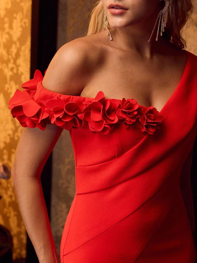 MOTF Soiréza VESTIDO ASIMÉTRICO DE HOMBRO FLORAL ESTÉREO PARA FIESTA Y BAILE DE GRADUACIÓN