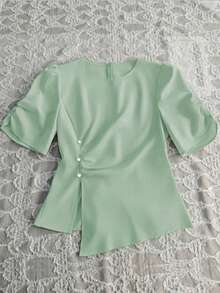 Franclia Elegant Women Asymmetrical Design Round Neck Shirt - Cadet Blue - View 3